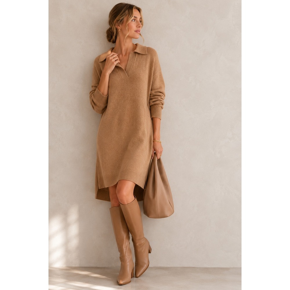 Madewell Knit Sweater Dress Sz M Camel Wool Cotton Blend Classic Quiet Luxury